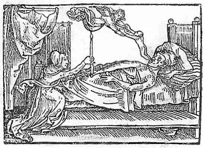 Angel of Death taking the soul of a dying man; from Reiter's Mortilogus, 1508