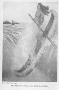 Indian maiden going over falls in canoe