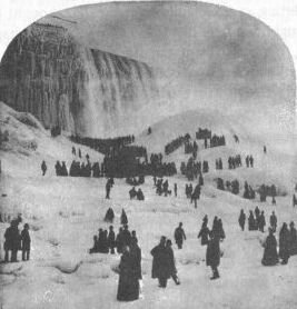 crowd on frozen river below Niagara Falls