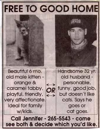 newspaper ad: husband or cat